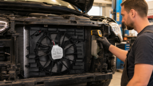 Mechanic diagnosing a car that overheats at idle by checking the radiator cooling fan and temperature