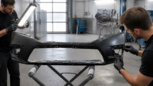 Technicians inspecting a cracked front bumper cover to decide whether it should be repaired or replaced