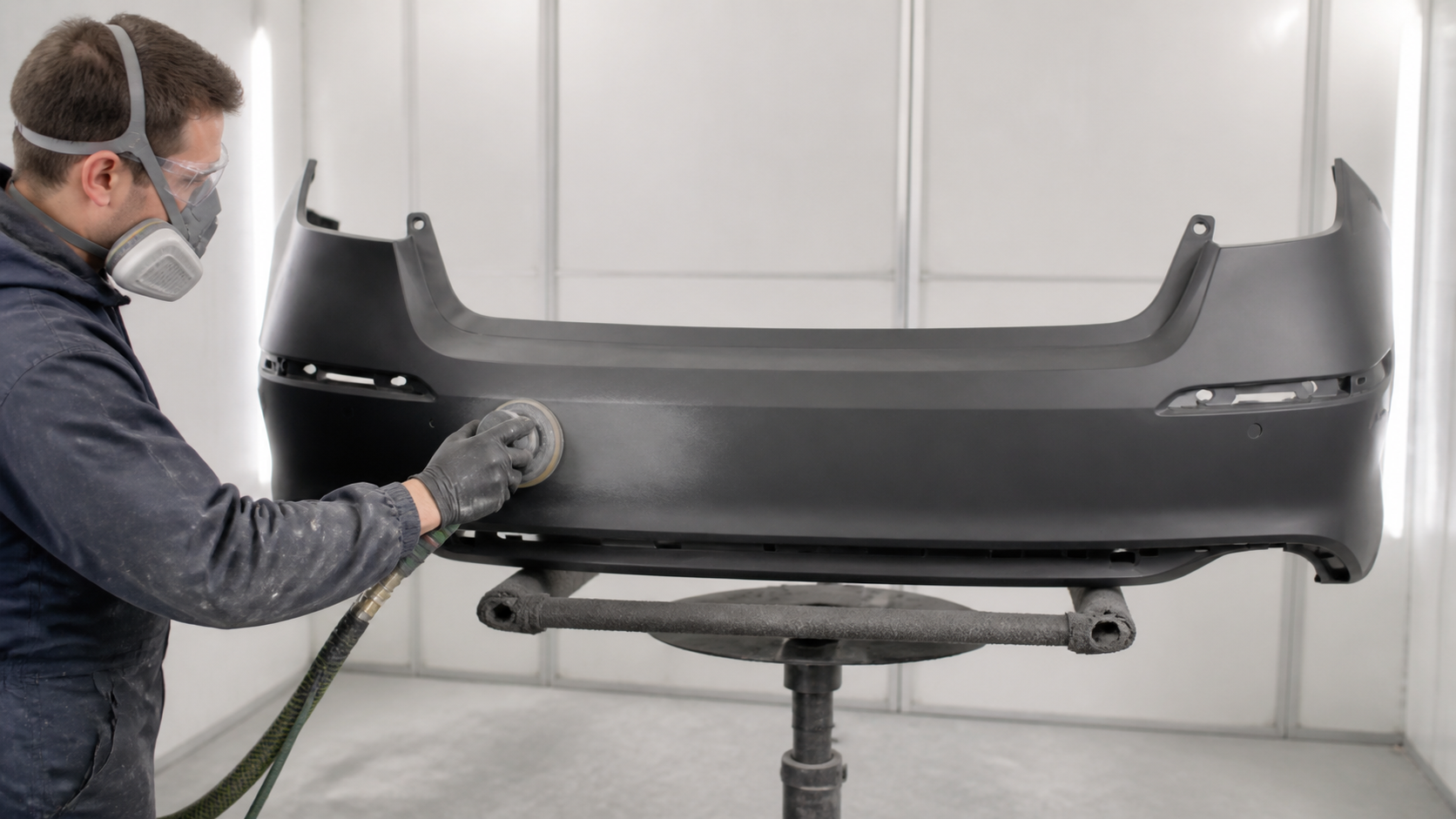Technician sanding a shallow cosmetic scuff on a bumper cover before refinishing