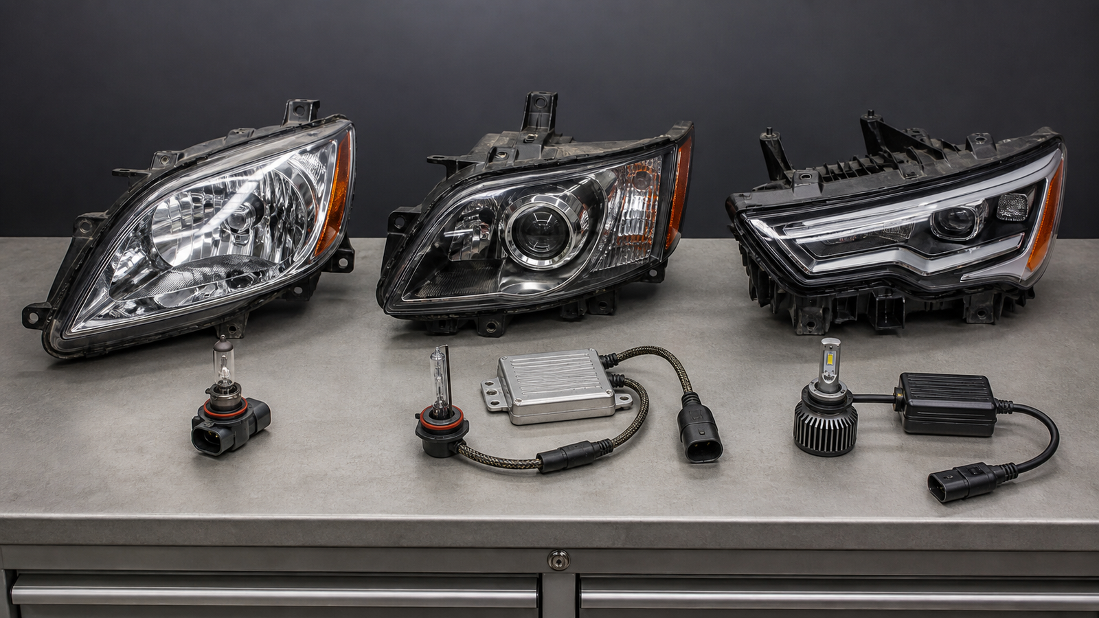 Halogen HID xenon and LED headlight systems with their supporting components