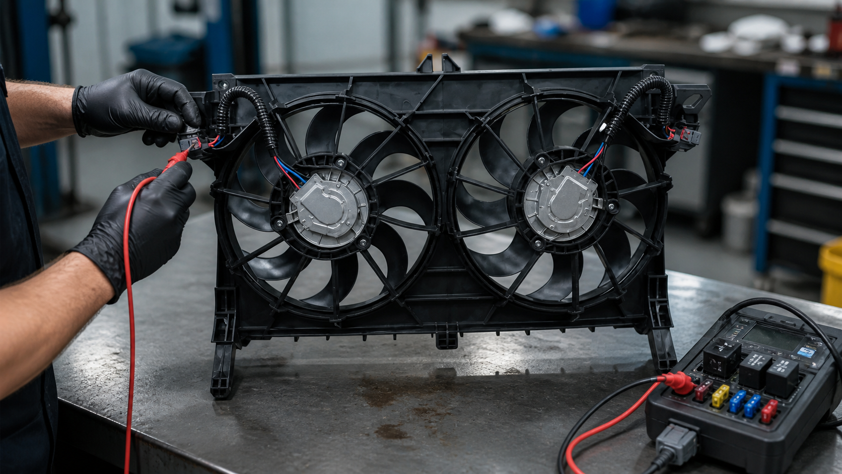 Technician electrically testing a dual radiator fan assembly with a multimeter and fuse relay tester