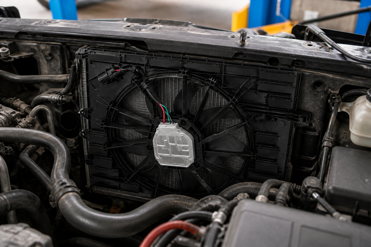 Single electric radiator fan assembly installed behind a vehicle radiator