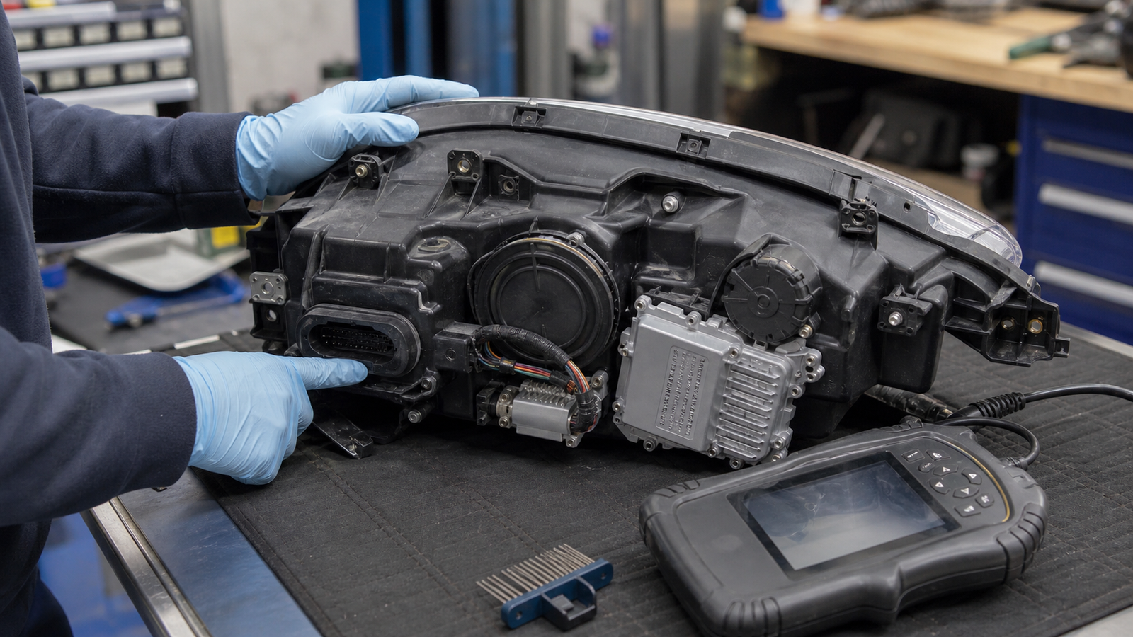 Technician inspecting adaptive headlight connectors leveling actuator and control modules