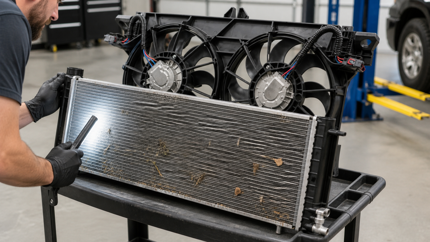 Mechanic inspecting dust leaves and debris blocking airflow through a radiator in front of a dual cooling fan