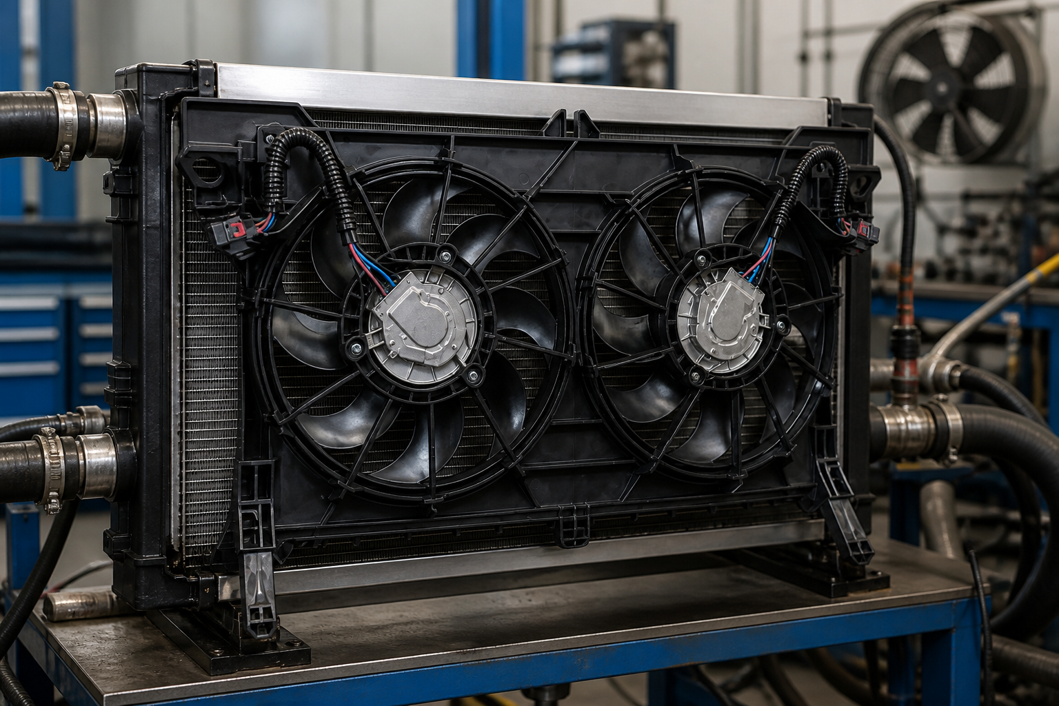 Dual electric radiator fan assembly mounted to a radiator on a cooling test bench