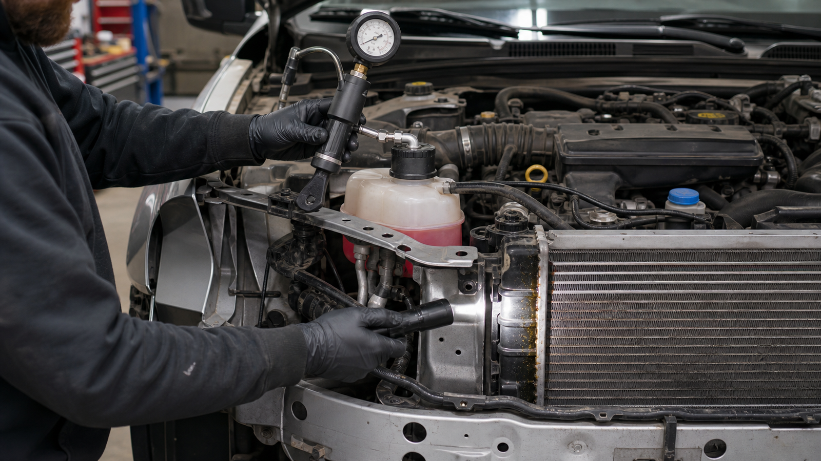 Technician pressure testing a cold engine cooling system and inspecting a damaged radiator for coolant leakage