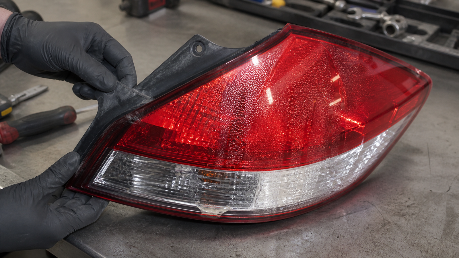 Removed tail light assembly with large internal droplets and standing water caused by a leak