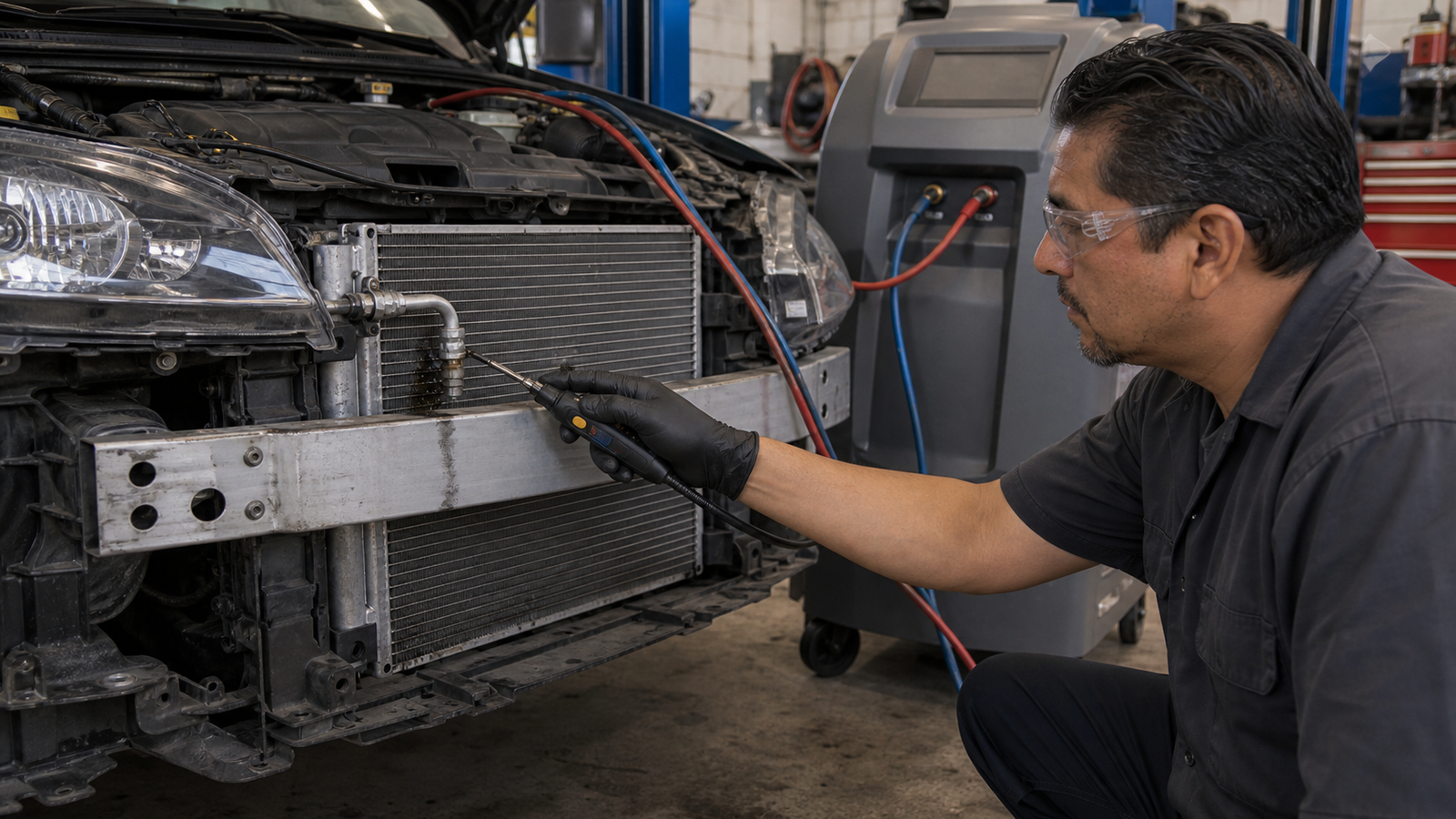 Certified air conditioning technician checking a damaged condenser fitting with an electronic refrigerant leak detector
