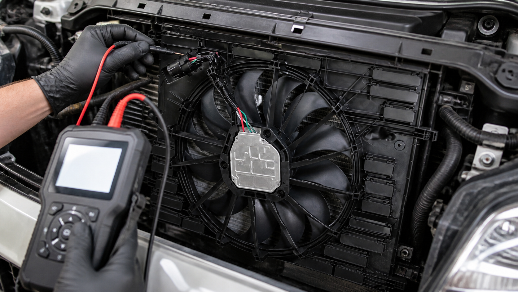 Cooling fan control module and electrical connector being checked with a scan tool and test lead