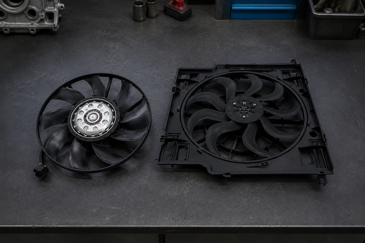 Bare automotive cooling fan beside a complete radiator fan and shroud assembly