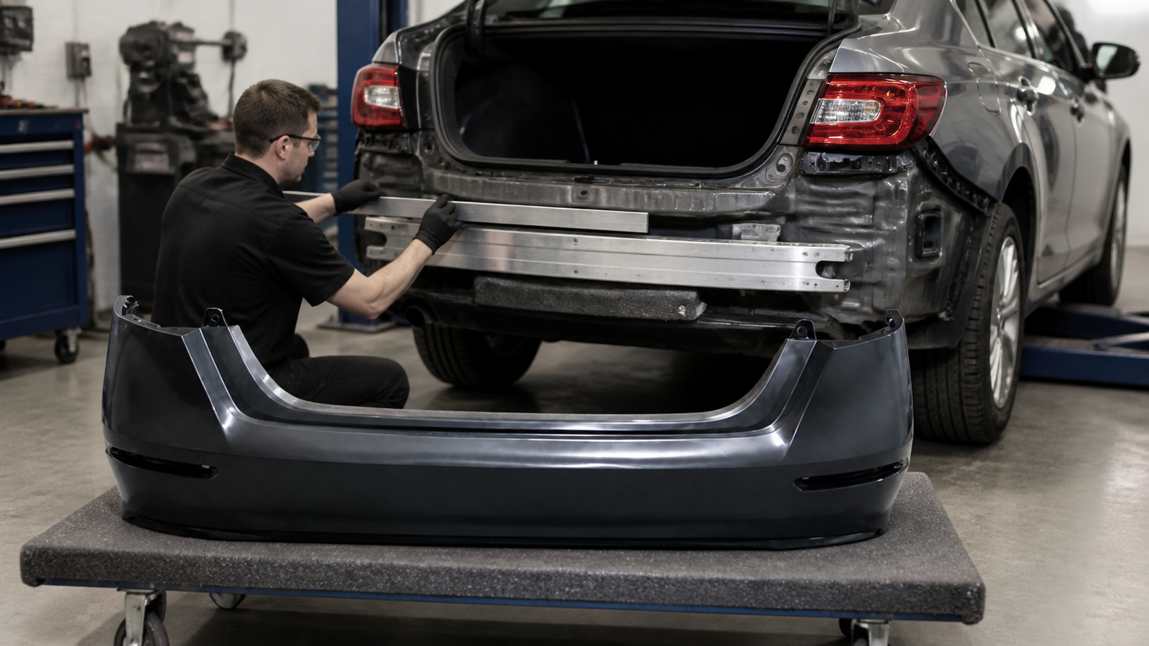 Technician checking the bumper absorber and reinforcement beam for hidden collision damage
