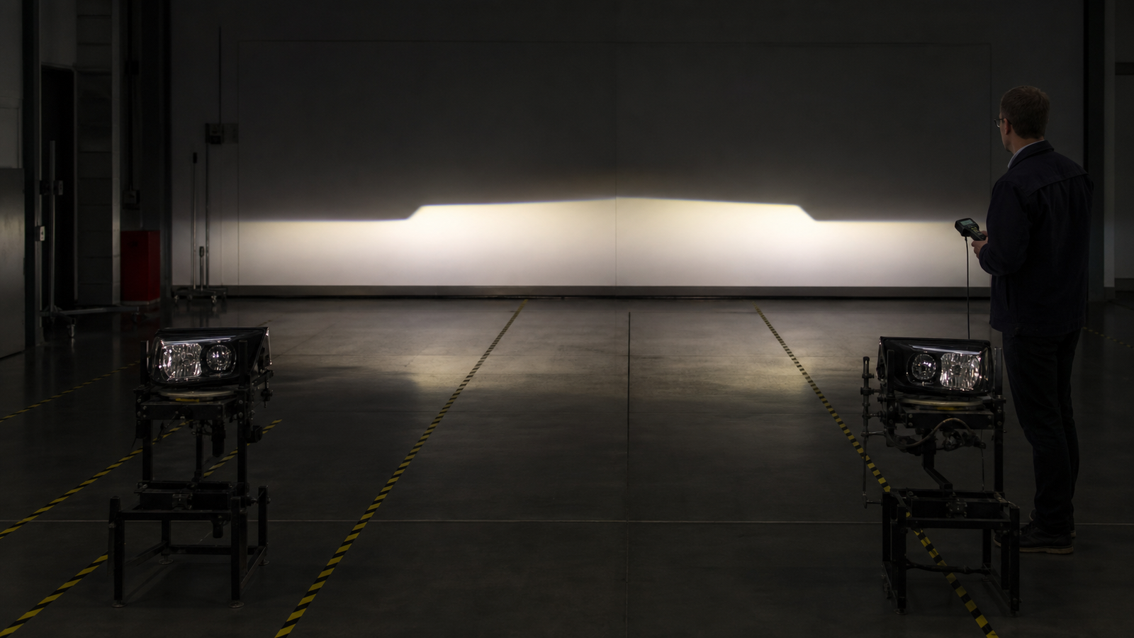 Mirrored asymmetric low beam patterns for different destination markets in a lighting test laboratory
