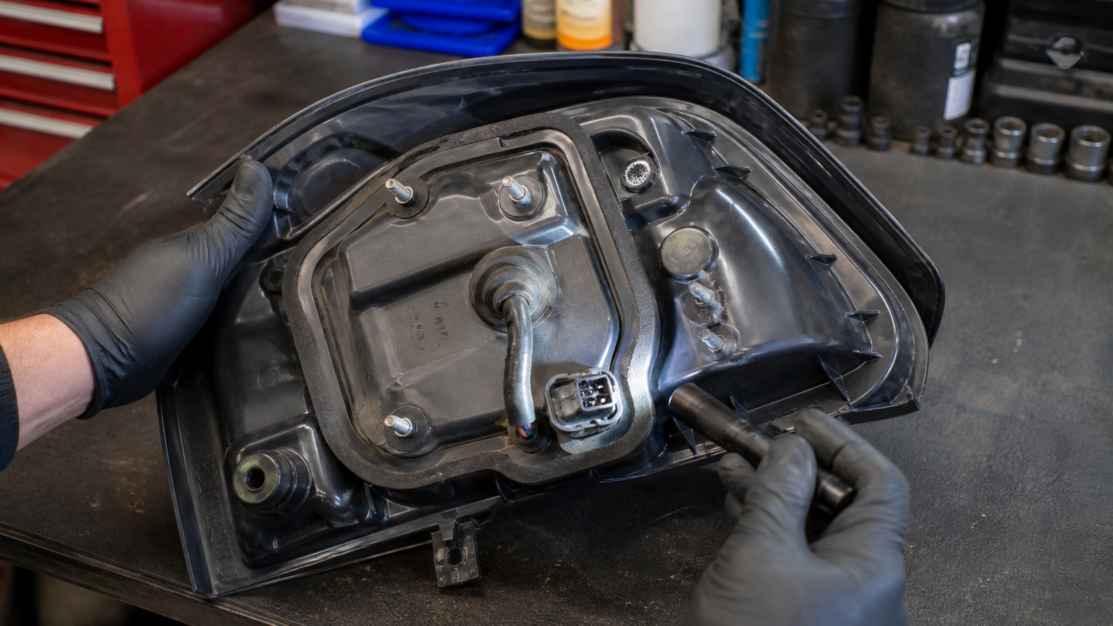 Technician inspecting a tail light breather vent wiring connector bulb holder and body gasket