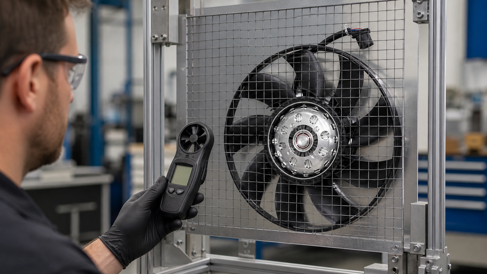 Professional airflow test of an automotive cooling fan using a guarded fixture and handheld anemometer