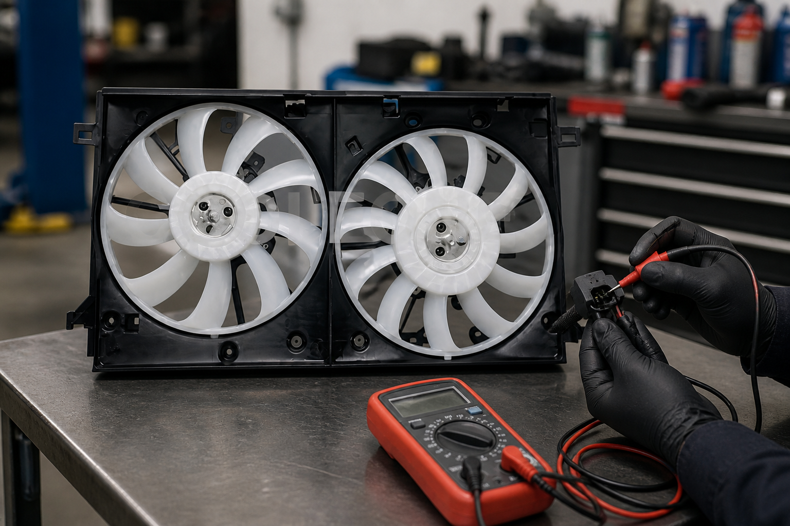 Technician testing the electrical connector of a dual radiator fan assembly with a multimeter