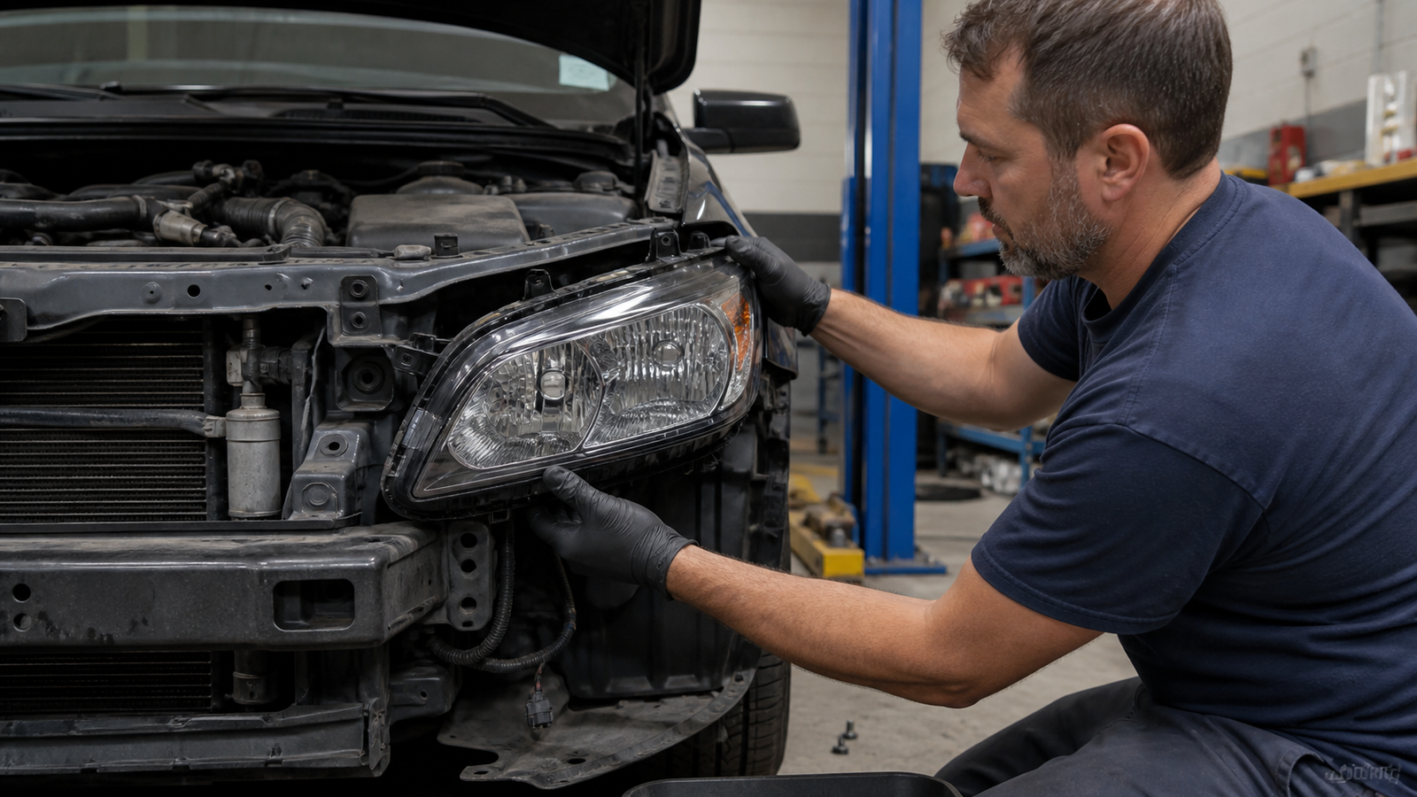 Mechanic test fitting a replacement headlight and aligning its mounting points