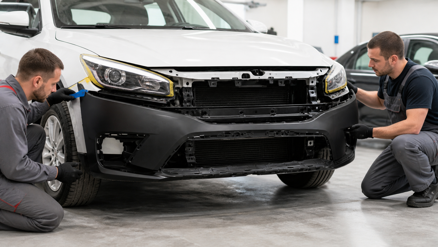 Technicians test-fitting a replacement front bumper cover before paint