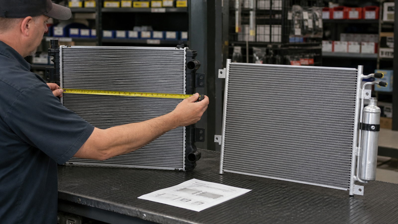 Technician comparing replacement radiator and air conditioning condenser dimensions ports and mounting brackets