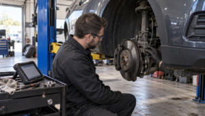 Technician diagnosing an ABS wheel speed sensor at the wheel hub