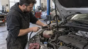 Technician diagnosing a compact automotive heater core in a workshop