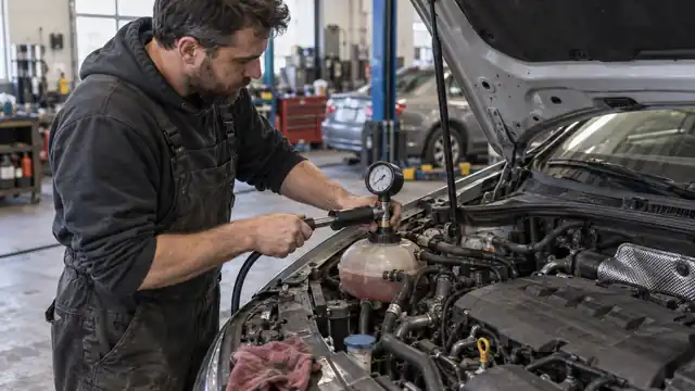 Technician diagnosing a compact automotive heater core in a workshop
