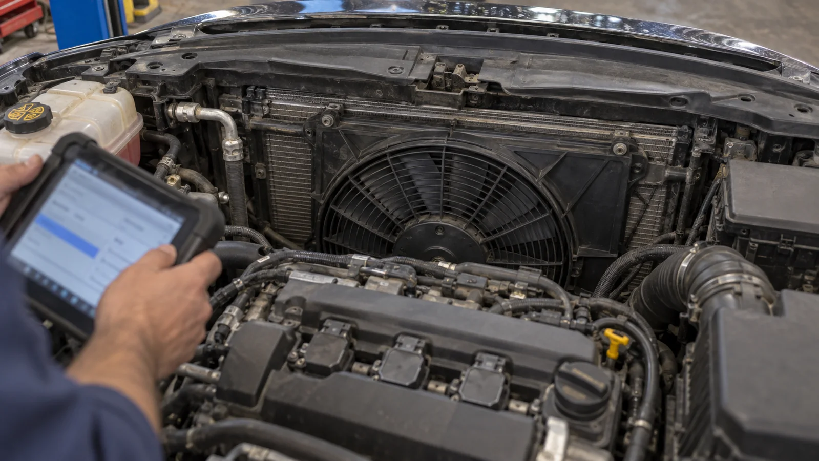 Technician using a scan tool to validate an engine-side electric radiator fan after installation