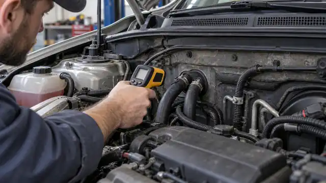 Technician comparing heater core inlet and outlet hose temperatures at the firewall