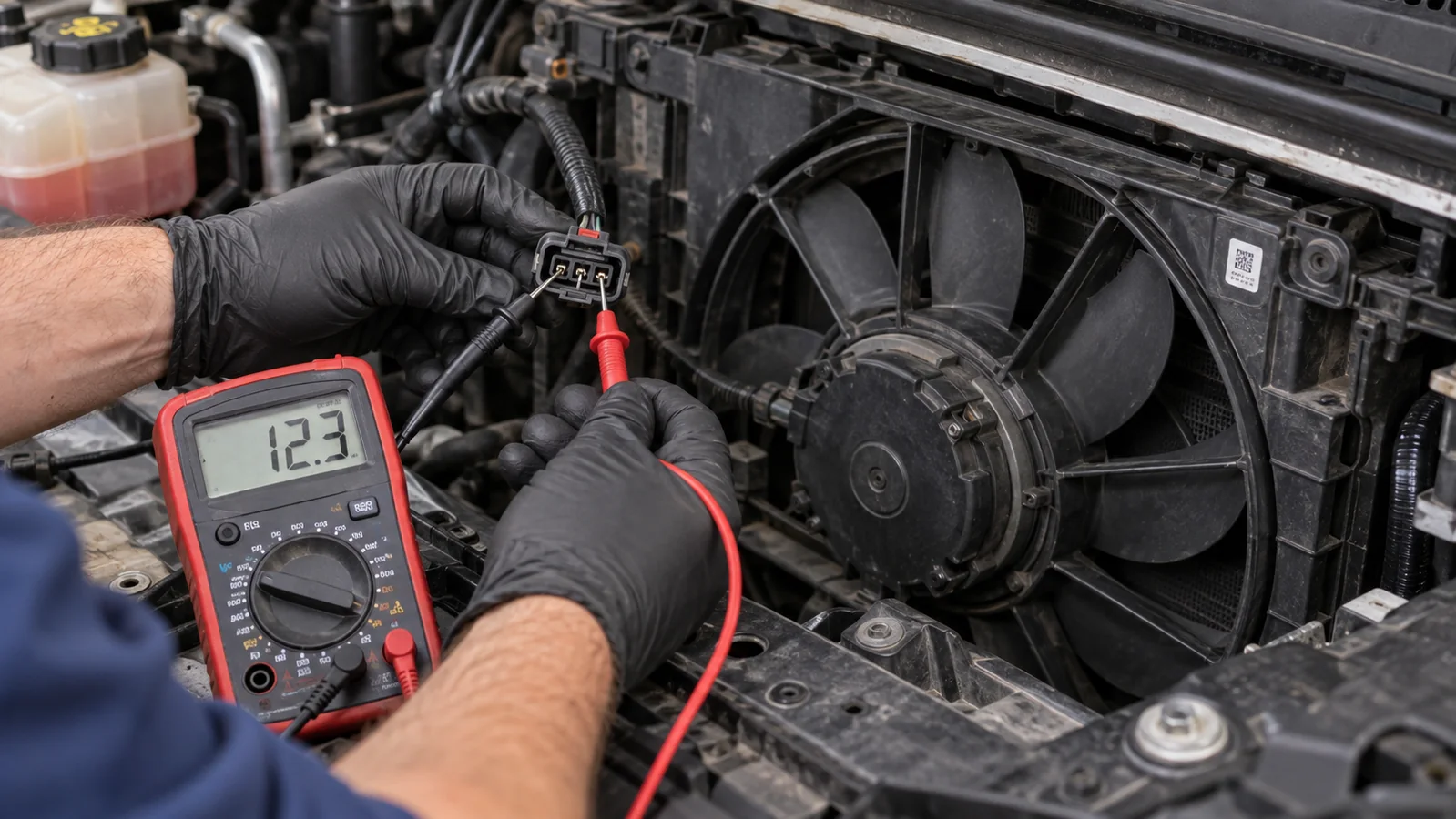 Technician checking the electrical connector of an electric radiator fan with a digital multimeter