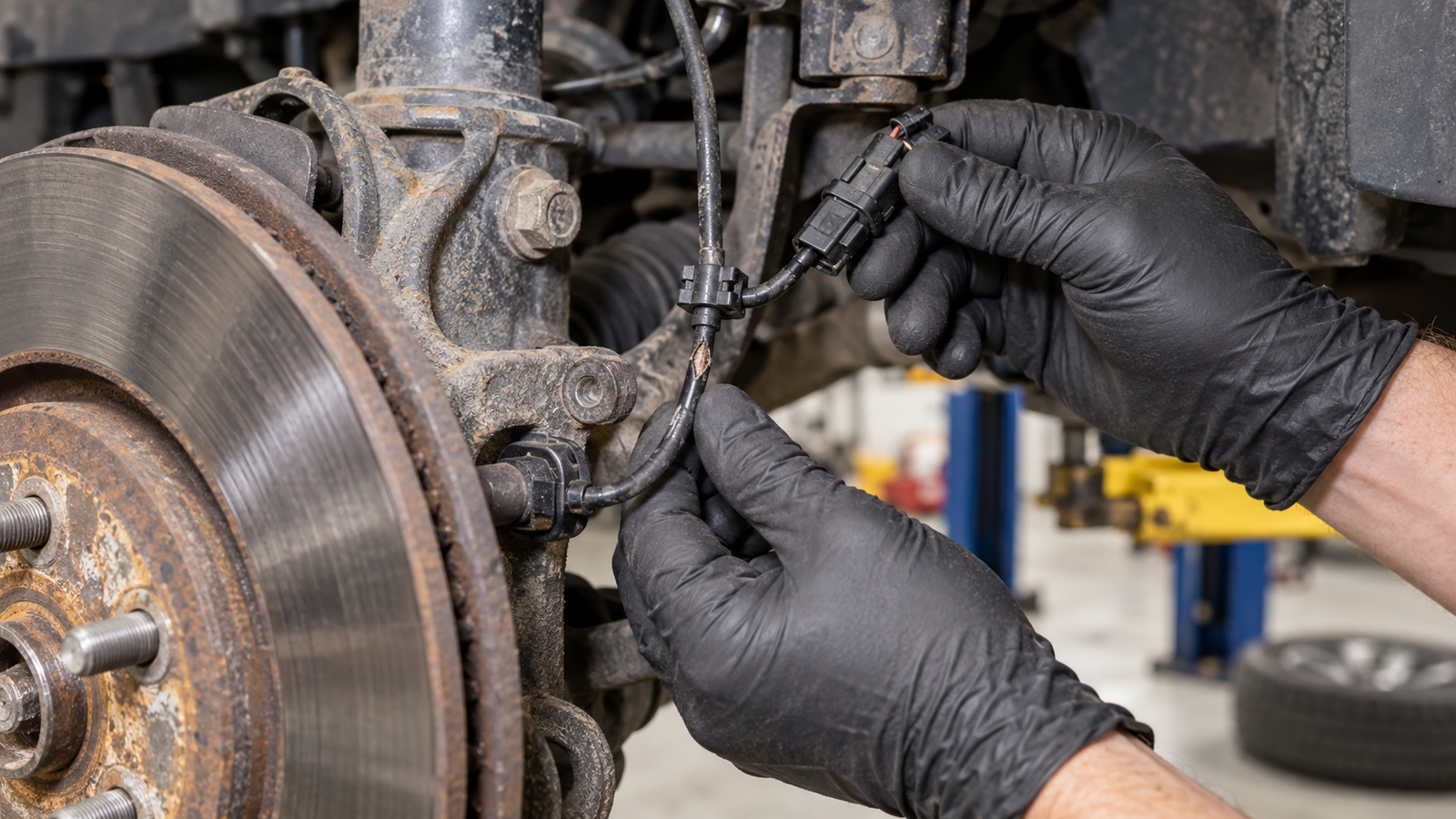 Close inspection of an ABS wheel speed sensor cable and connector near the wheel hub
