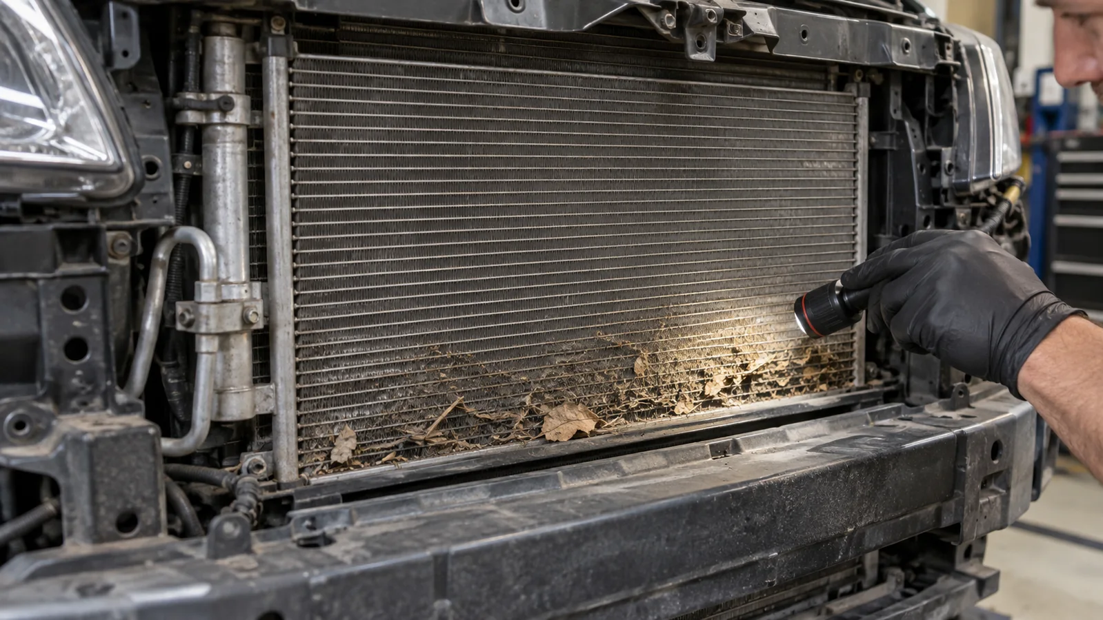 Technician inspecting the front air-conditioning condenser for debris that restricts cooling-stack airflow