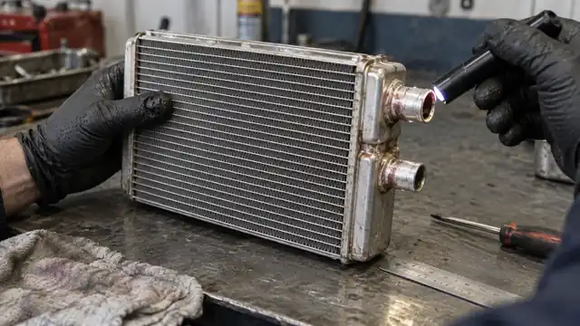 Compact removed aluminum heater core inspected for deposits, corrosion, and coolant residue