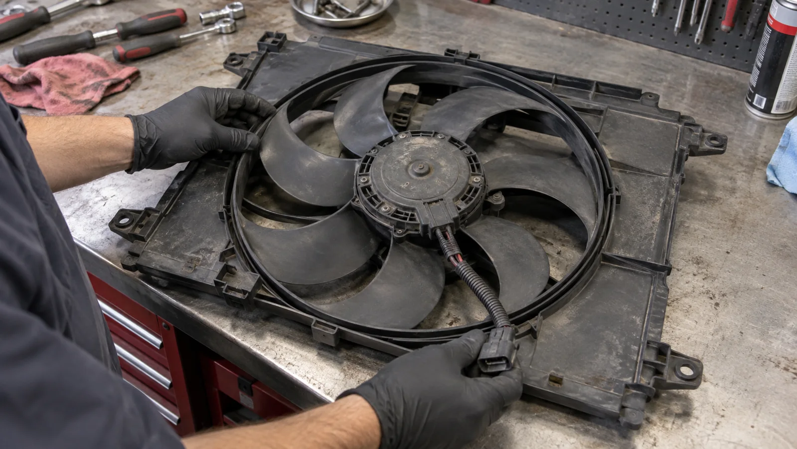 Complete radiator fan assembly inspected for blade motor connector shroud and mounting damage
