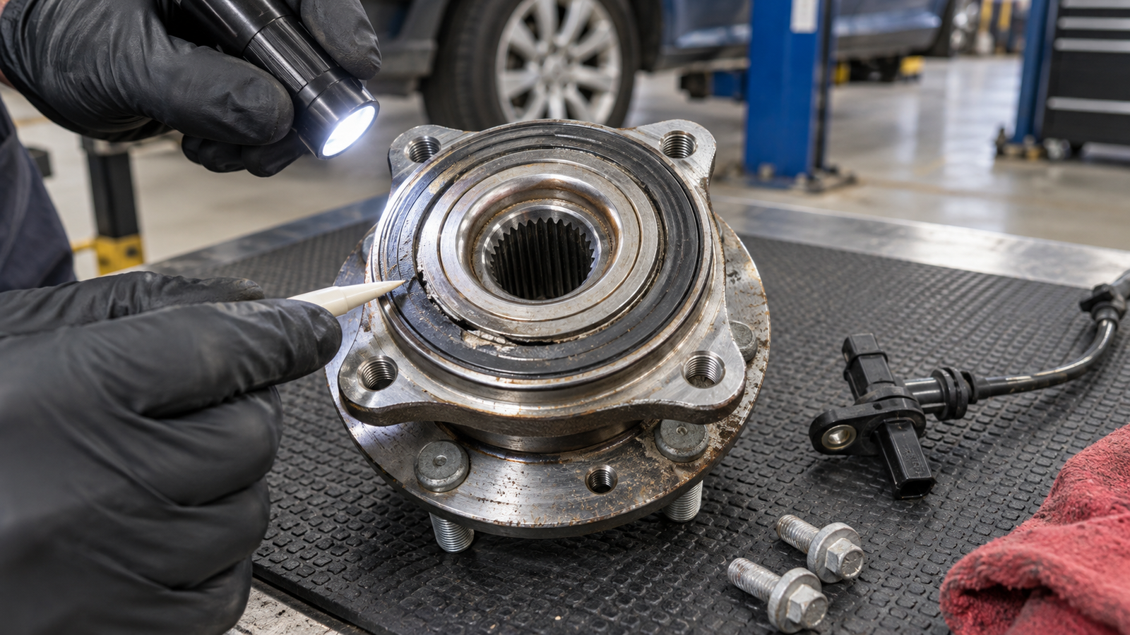 Technician inspecting the magnetic ABS encoder ring on a removed wheel bearing hub assembly