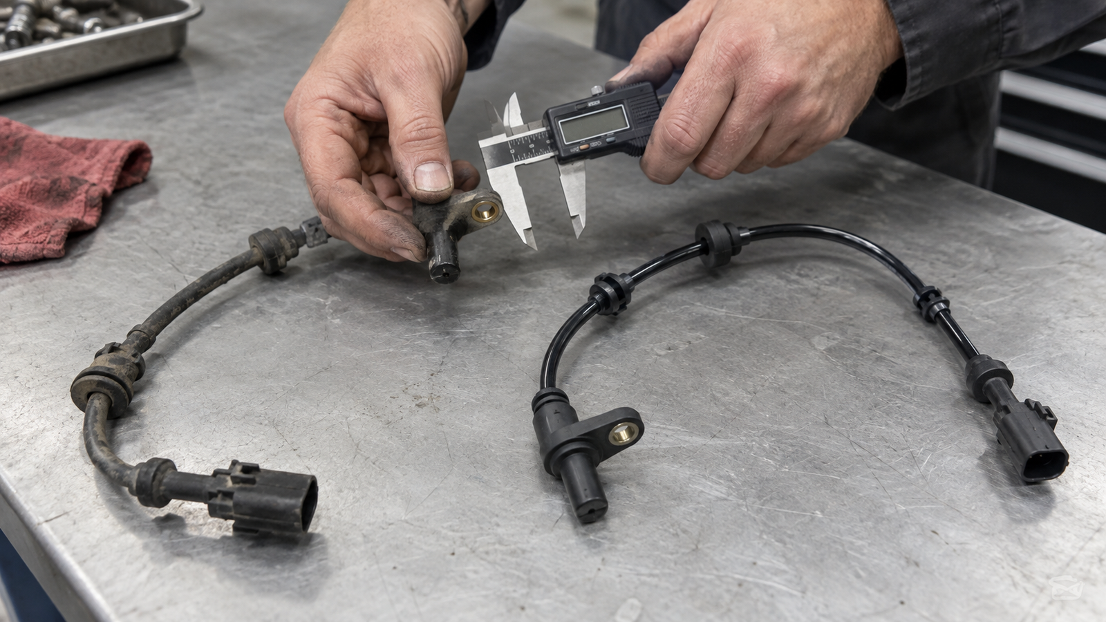 Technician comparing a used and replacement ABS wheel speed sensor before installation
