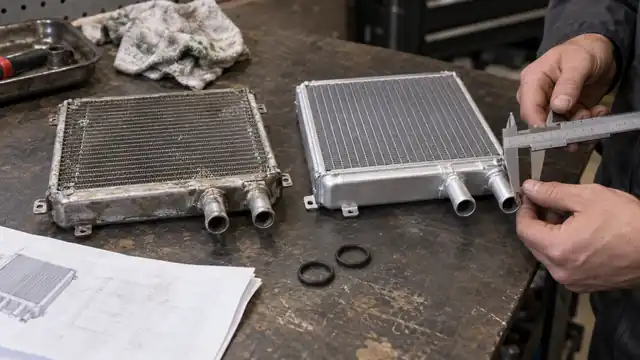 Compact old and replacement heater cores compared for dimensions, pipe angle, and mounting tabs